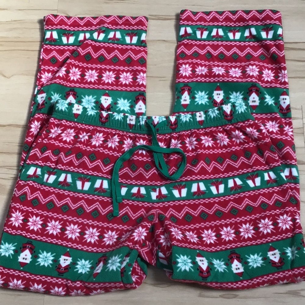 Holiday Red Green White Snowflake Fair Isle Santa Fleece Pajama Sleep Pant PJ